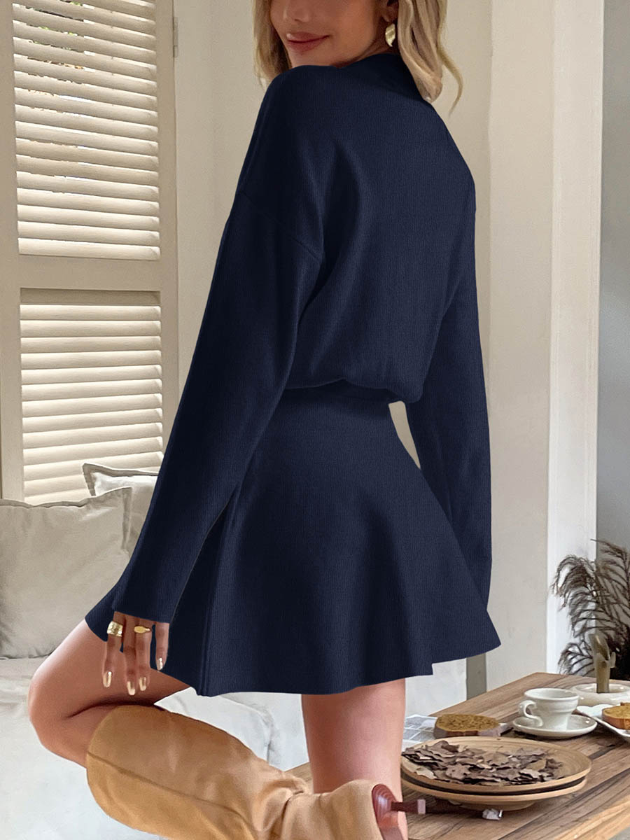 A-line High Waisted Elasticity Solid Color Round-neck Mini Dresses Sweater Dresses