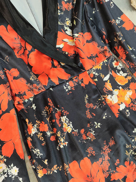 Bodycon High Waisted Contrast Color Flower Print Split-Back Split-Joint Lapel Mini Dresses