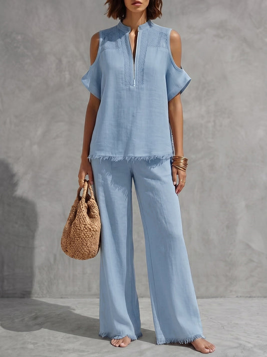 Fringed Cold Shoulder Half-Zip Solid Color Short Sleeve Blouses&Shirts Tops + Pants Bottoms Trousers Two Pieces Set