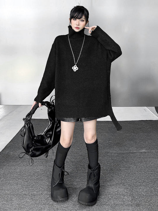 Irregularity Long Sleeves Buttoned Ribs Solid Color Split-Joint High Neck Sweater Tops