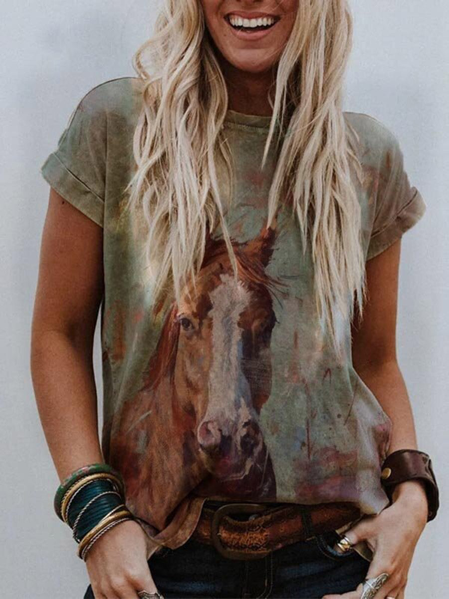 Loose Short Sleeves Contrast Color Printed Split-Joint Round-Neck T-Shirts Tops