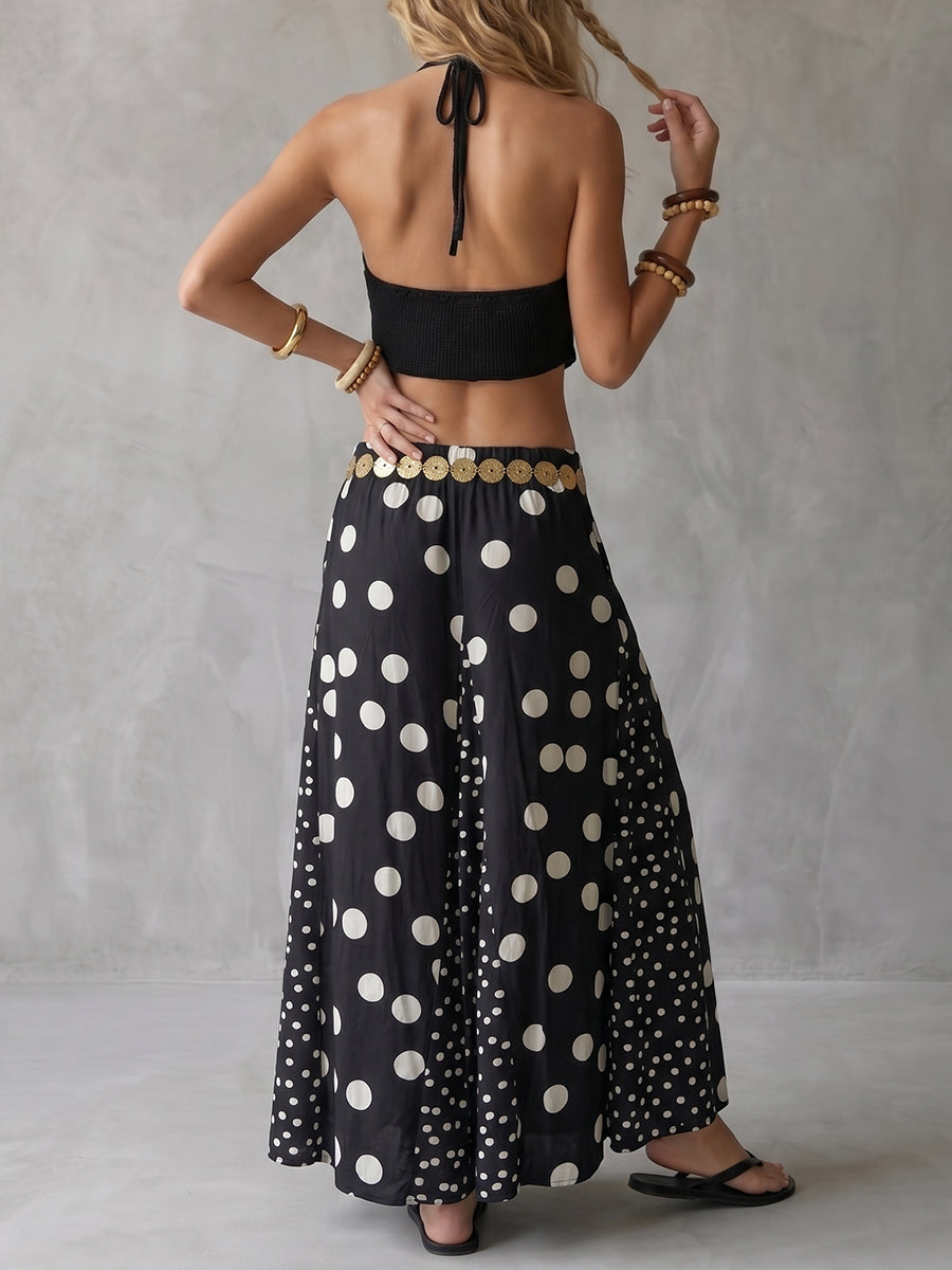 A-Line High Waisted Contrast Color Elasticity Pockets Polka Dot Split-Joint Skirts Bottoms