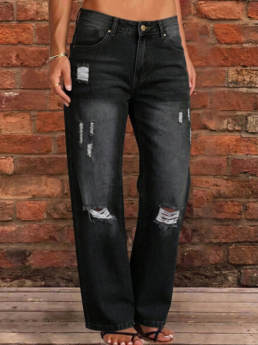 High Waisted Wide Leg Buttoned Hollow Pockets Split-Joint Jean Pants Bottoms