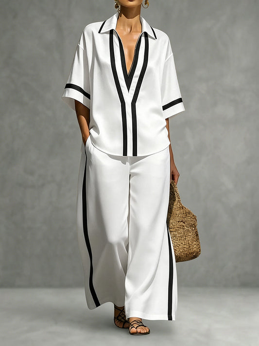 Half Sleeves Loose Contrast Color Lapel Blouses&Shirts Tops