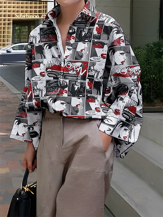 Long Sleeves Loose Buttoned Contrast Color Figure Printed Lapel Blouses&Shirts Tops