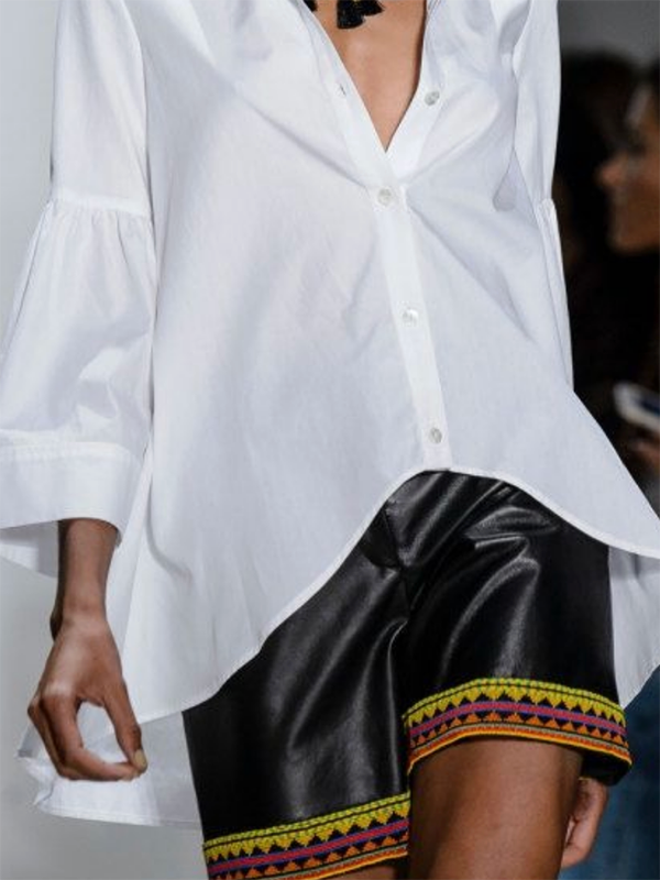 Flared Sleeves Long Sleeves Buttoned Solid Color Lapel Blouses&Shirts Tops