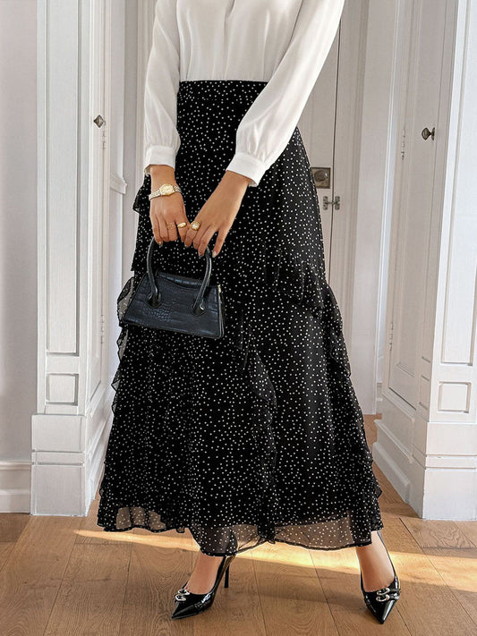 A-Line High Waisted Contrast Color Layered Polka-Dot Ruffled Split-Joint Skirts Bottoms