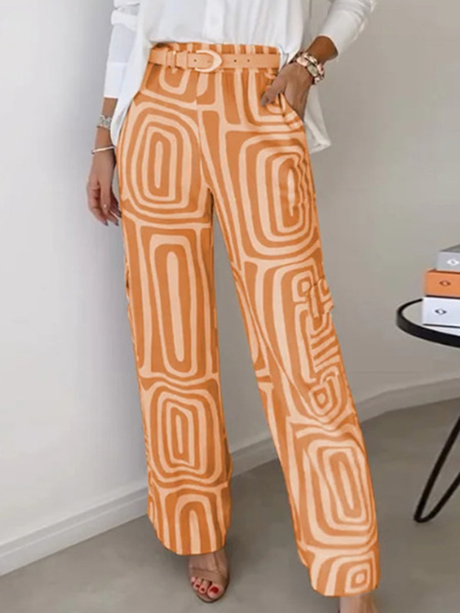 High Waisted Wide Leg Contrast Color No Belt Pockets Printed Pants Trousers