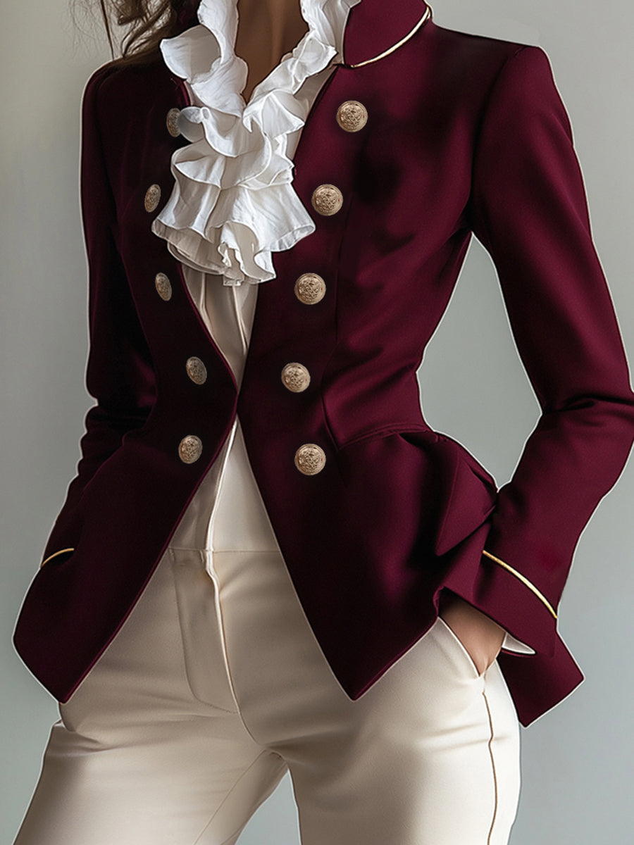 Long Sleeves Skinny Buttoned Solid Color Split-Joint Stand Collar Blazer Outerwear