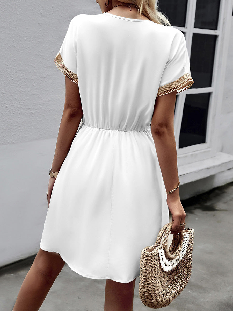 A-Line Elasticated Waist Contrast Color Drawstring Hollow Split-Joint Tasseled Tied V-Neck Mini Dresses