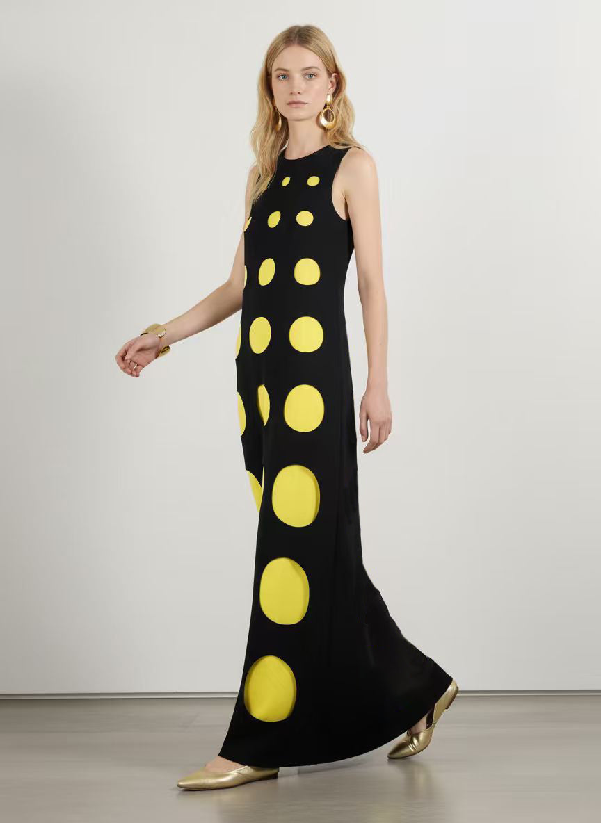 Loose Sleeveless Contrast Color Polka-Dot Split-Joint Round-Neck Maxi Dresses