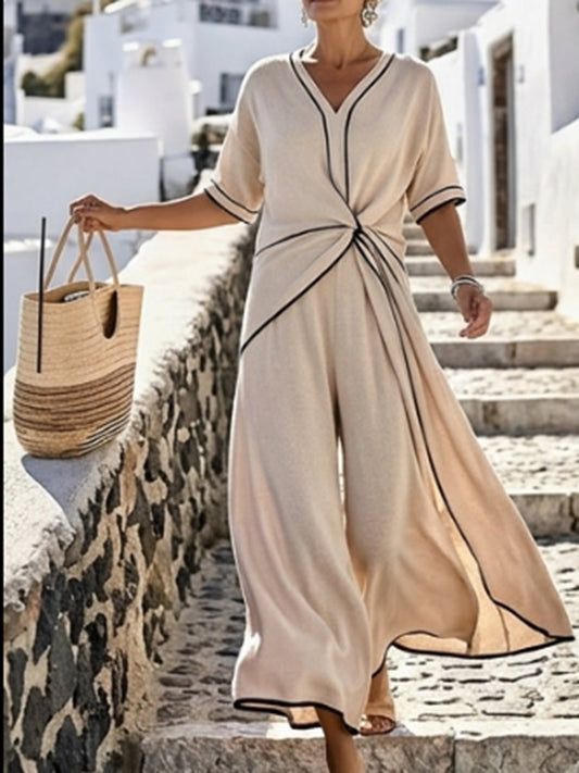 A-Line High Waisted Contrast Color Knot Line Pleated Pockets V-Neck Jumpsuits