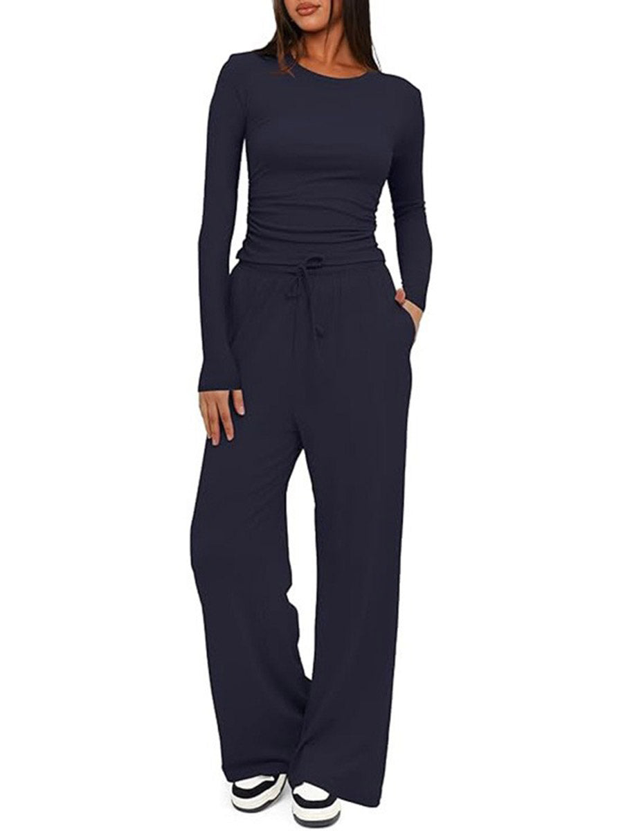 Solid Color Pleated Round-Neck T-Shirts Tops + Elasticated Waist High Waisted Drawstring Pants Two Pieces Set