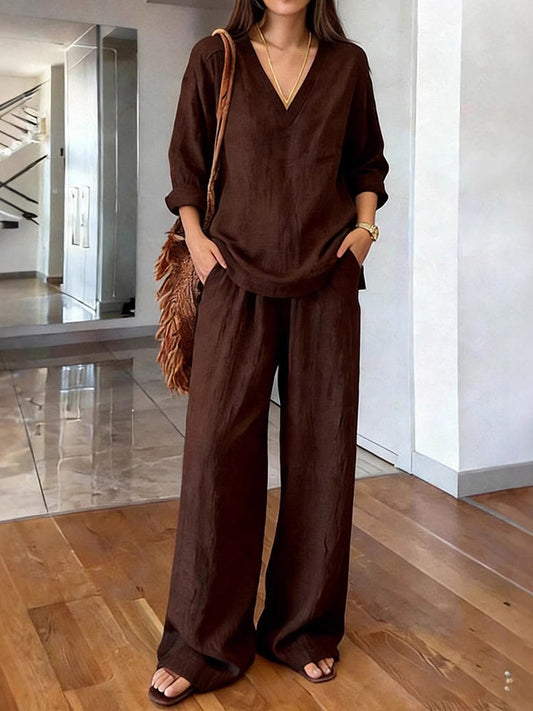 Long Sleeves Solid Color Deep V-Neck Blouses&Shirts Tops + Pleated High Waisted Trousers Two Pieces Set