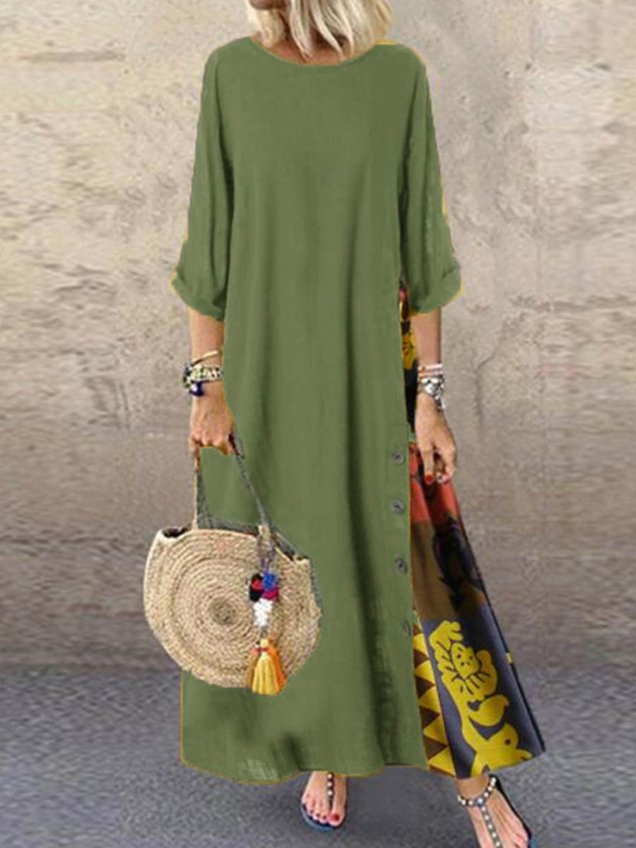 Loose Plus Size Buttoned Contrast Color Printed Split-Joint Round-Neck Midi Dresses