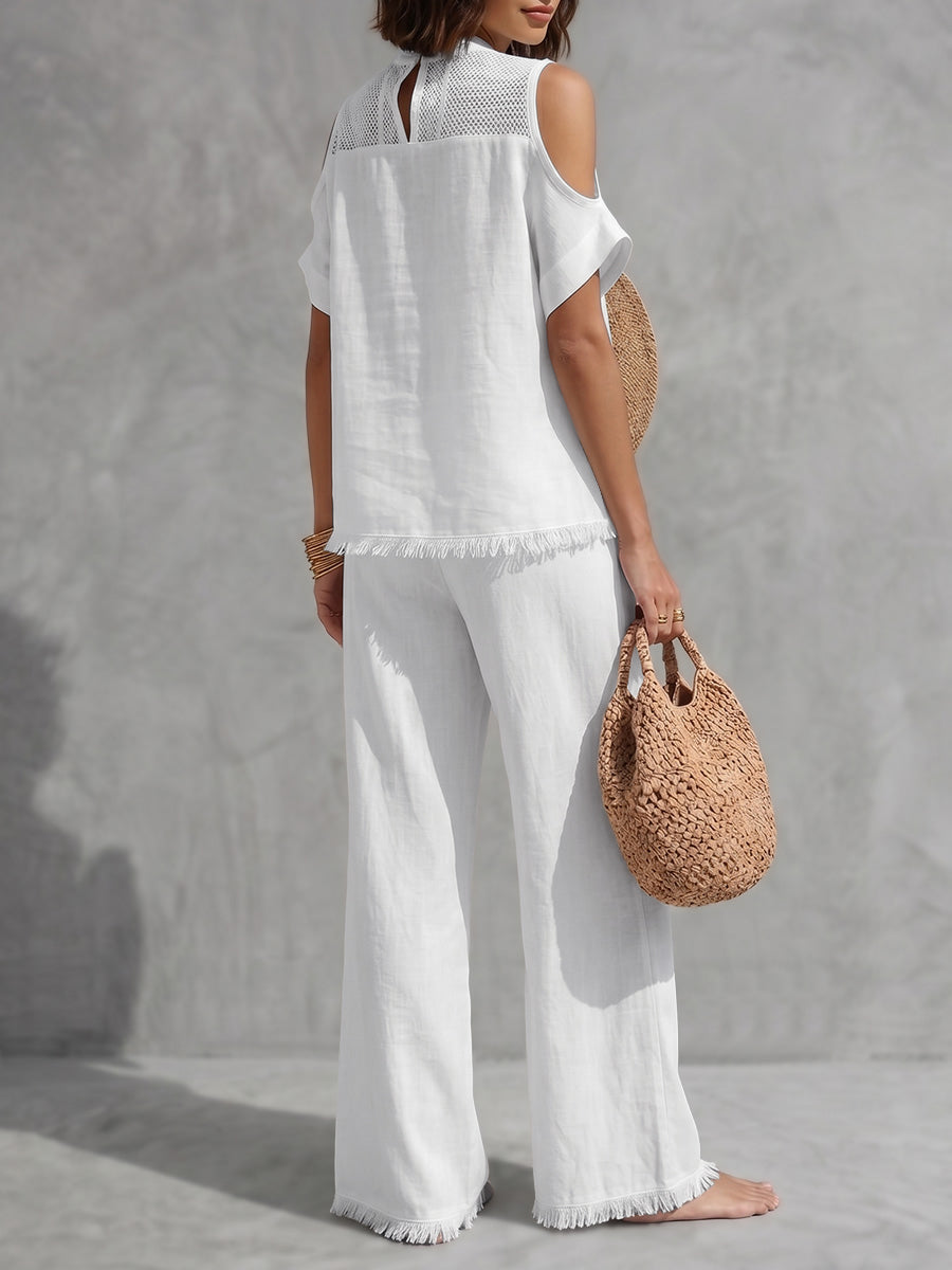 Fringed Cold Shoulder Half-Zip Solid Color Short Sleeve Blouses&Shirts Tops + Pants Bottoms Trousers Two Pieces Set
