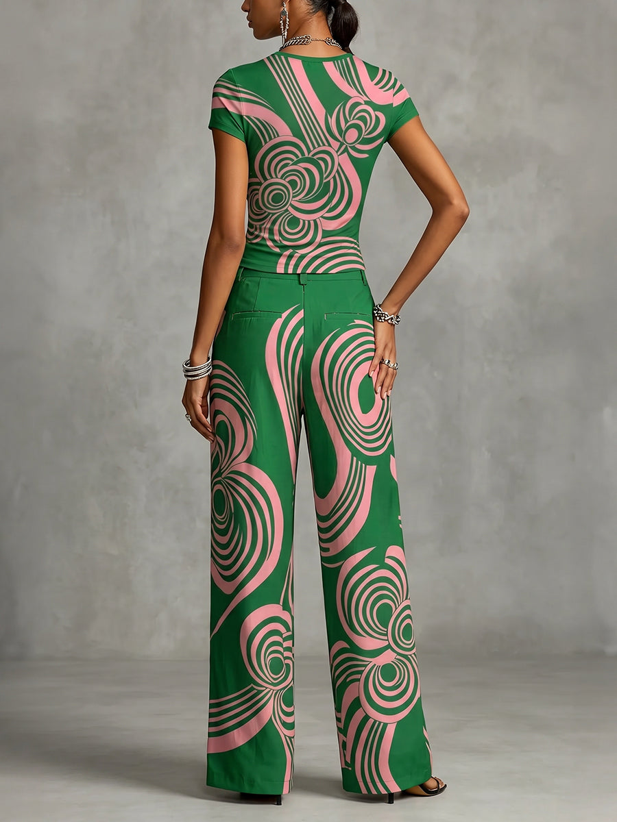 Loose Wide Leg Contrast Color Flower Print Pleated Pockets Pants Trousers
