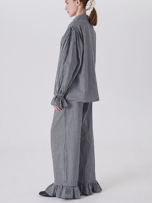 Loose Contrast Color Plaid Ruffled Split-Joint Long Sleeves Buttoned Lapel Blouses&Shirts Tops + Pants Two Pieces Set