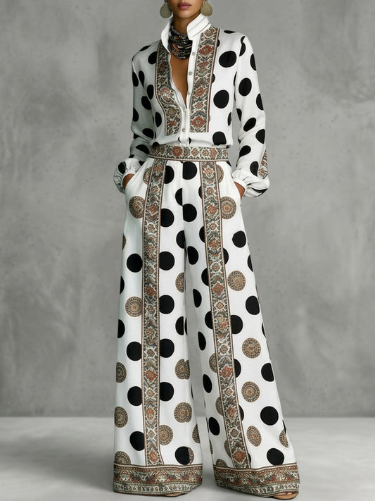 Long Sleeves Loose Buttoned Contrast Color Polka Dot Printed Stand Collar Blouses&Shirts Tops