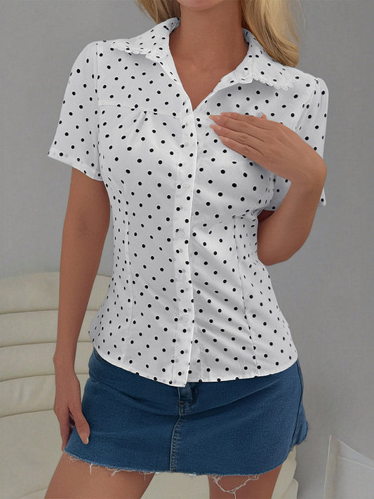 Short Sleeves Buttoned Polka-Dot Solid Color Split-Joint Lapel Blouses&Shirts Tops