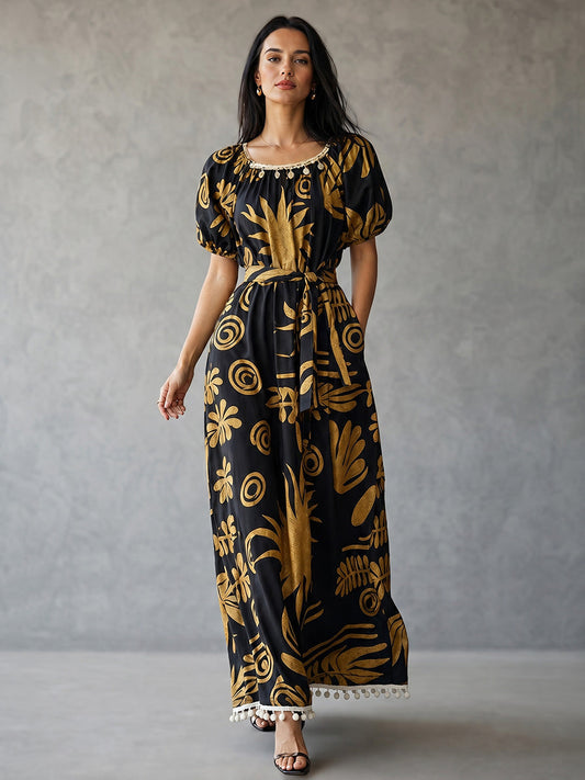 Loose Puff Sleeves Contrast Color Pleated Pockets Printed Split-Joint Tasseled Tied Square-Neck Maxi Dresses