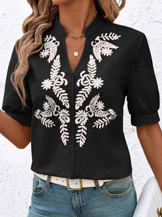 Loose Short Sleeves Flower-Embellished Contrast Color Split-Joint Stand Collar Blouses&Shirts Tops