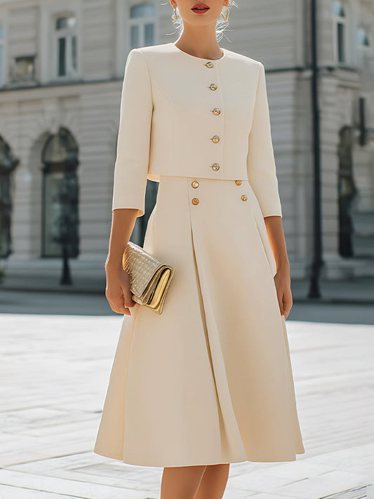 Three-Quarter Sleeves Buttoned Solid Color Round-Neck Outerwear