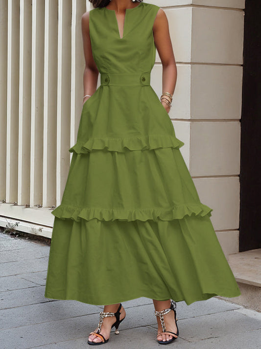 A-Line High Waisted Buttoned Pleated Pockets Solid Color Split-Joint V-Neck Maxi Dresses