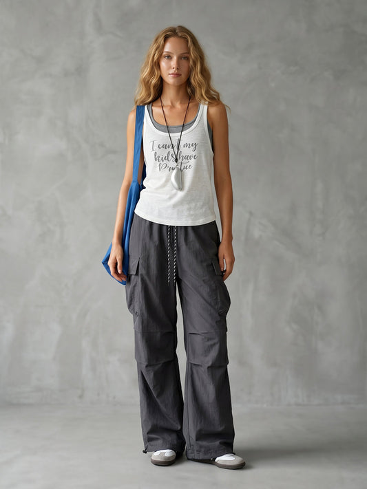 Cargo Pants Loose Drawstring Pockets Solid Color Pants