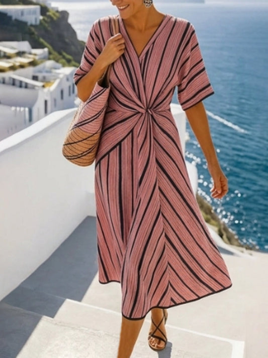 A-Line High Waisted Contrast Color Knot Line Pleated Pockets V-Neck Midi Dresses