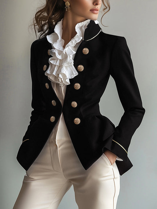 Long Sleeves Skinny Buttoned Solid Color Split-Joint Stand Collar Blazer Outerwear