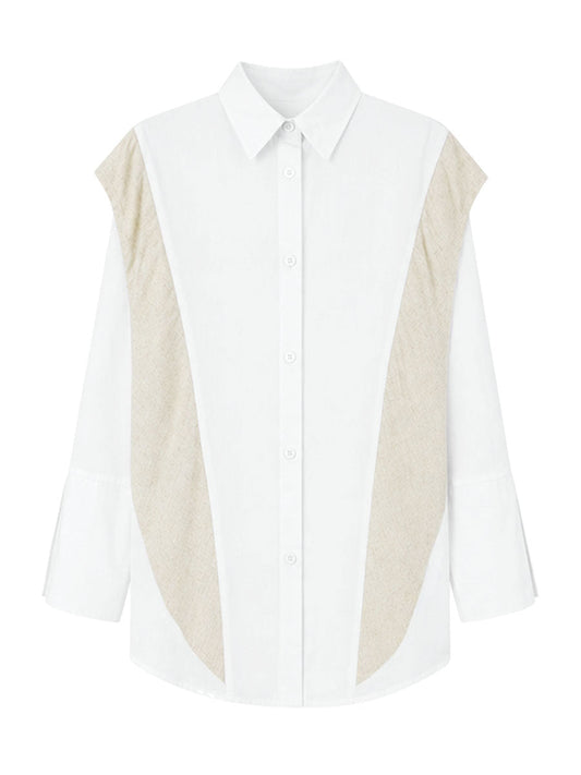Flared Sleeves Long Sleeves Buttoned Contrast Color Split-Joint Lapel Blouses&Shirts Tops