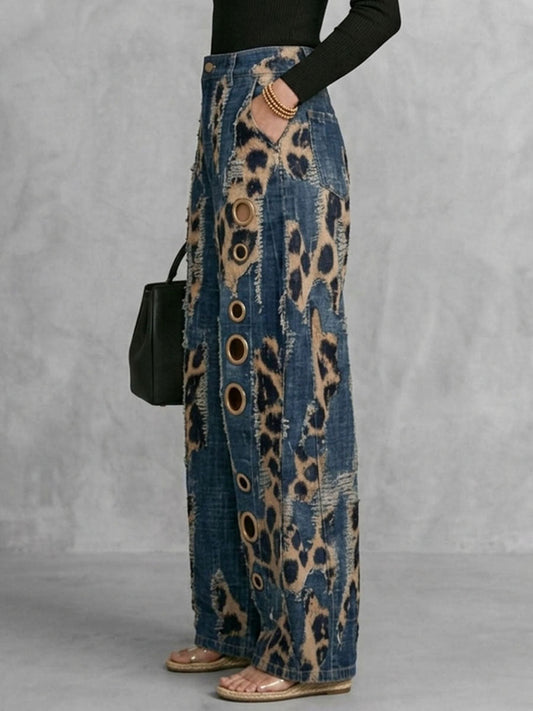 High Waisted Wide Leg Buttoned Hollow Leopard Pockets Split-Joint Zipper Pants Trousers