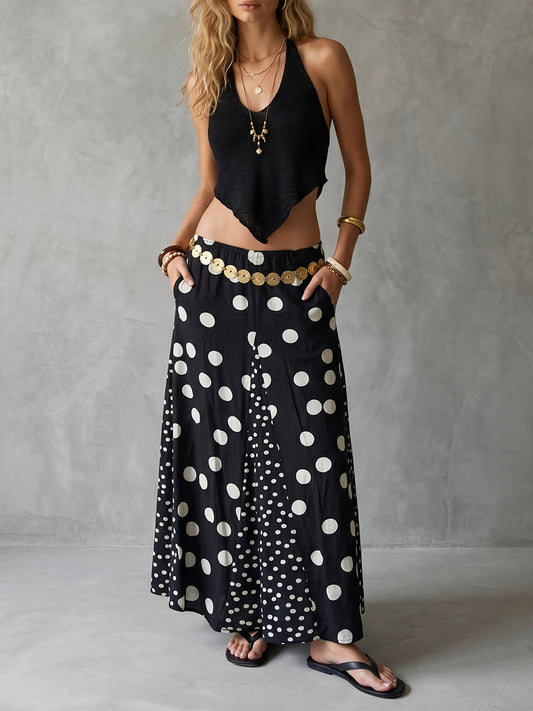 A-Line High Waisted Contrast Color Elasticity Pockets Polka Dot Split-Joint Skirts Bottoms