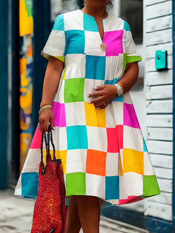 A-Line Loose Contrast Color Plaid Pleated Deep V-Neck Midi Dresses Shirt Dress
