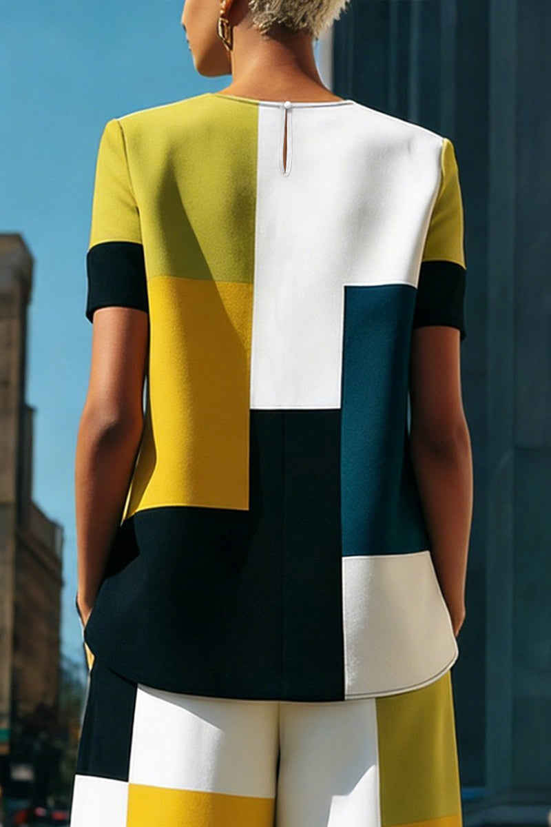 Loose Short Sleeves Buttoned Contrast Color Split-Joint Round-Neck Blouses&Shirts Tops