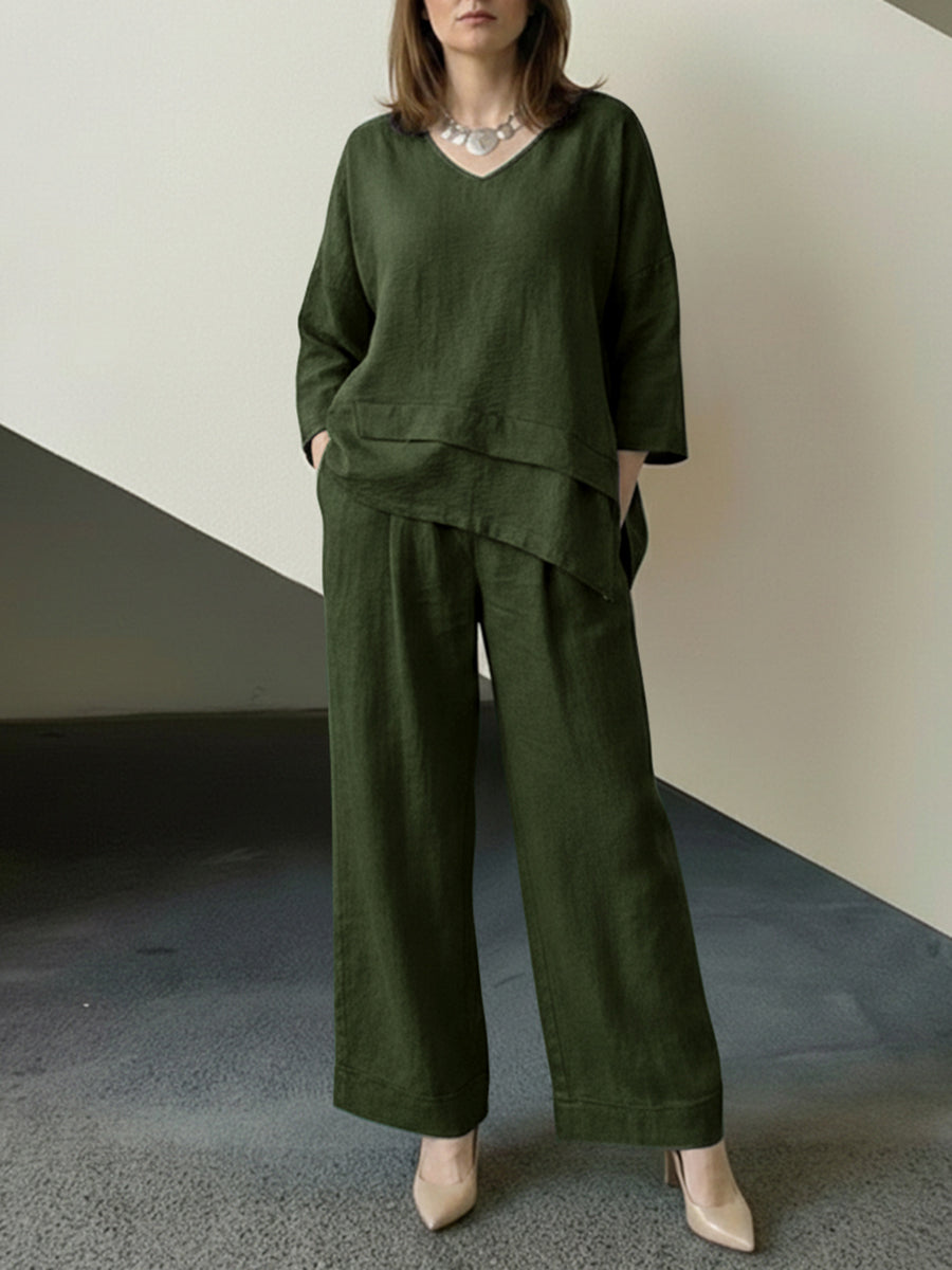 Loose Long Sleeves Asymmetric Split-Joint Top + Wide Leg Pants Two Pieces Set