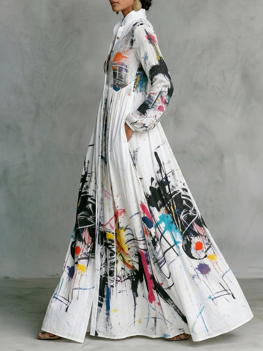 Long Sleeves Loose Buttoned Pleated Pockets Printed Split-Joint Stand Collar Maxi Dresses Shirt Dress