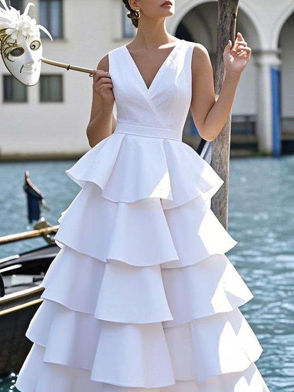 A-Line High Waisted Layered Solid Color V-Neck Maxi Dresses