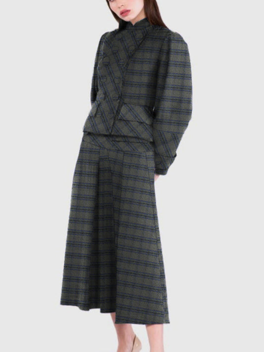 A-Line Long Sleeves Buttoned Plaid Split-Joint Stand Collar Sets Two-Piece Sets