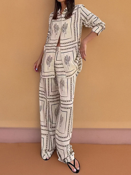 Loose Contrast Color Geometric Printed Split-Joint Long Sleeves Buttoned Lapel Blouses&Shirts Tops + Pants Two Pieces Set