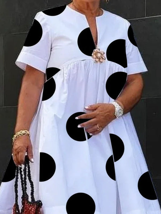 A-Line Short Sleeves Pleated Polka-Dot Printed Split-Joint Round-Neck Midi Dresses