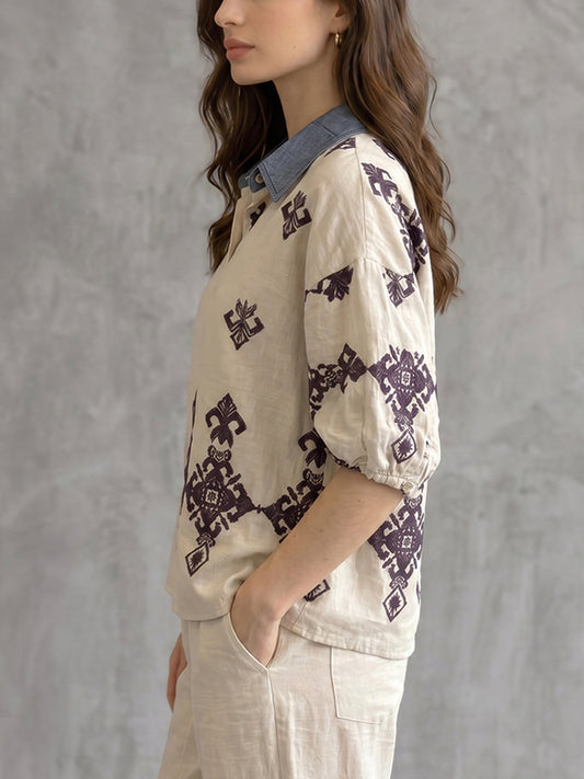 Half Sleeves Loose Buttoned Embroidered Printed Split-Joint Lapel Blouses&Shirts Tops