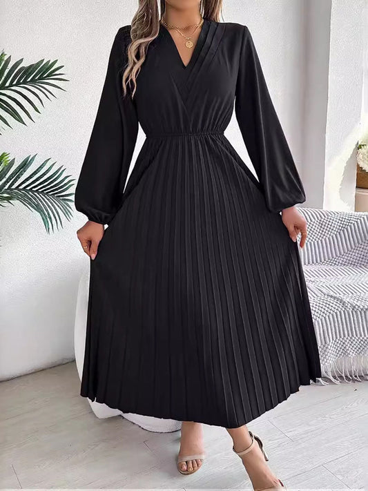 A-Line High Waisted Elasticity Pleated Solid Color V-Neck Maxi Dresses