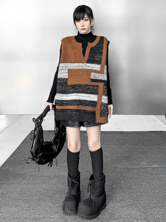 Loose Sleeveless Contrast Color Geometric Split-Joint Striped V-Neck Outerwear Vest Top