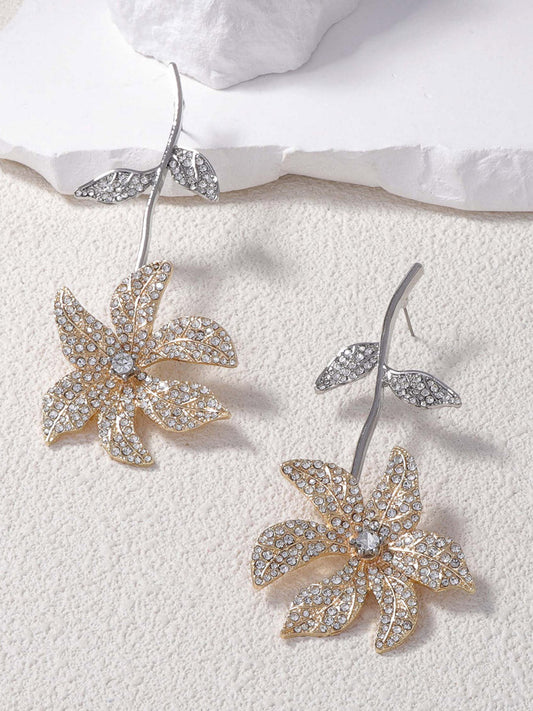 Flower Shape Rhine Stones Shiny Earrings Accessories
