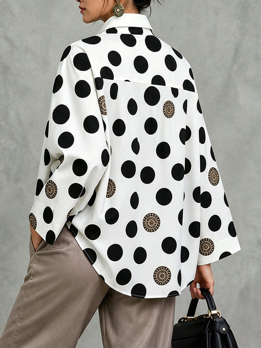 Long Sleeves Loose Buttoned Polka Dot Printed V-Neck Blouses&Shirts Tops