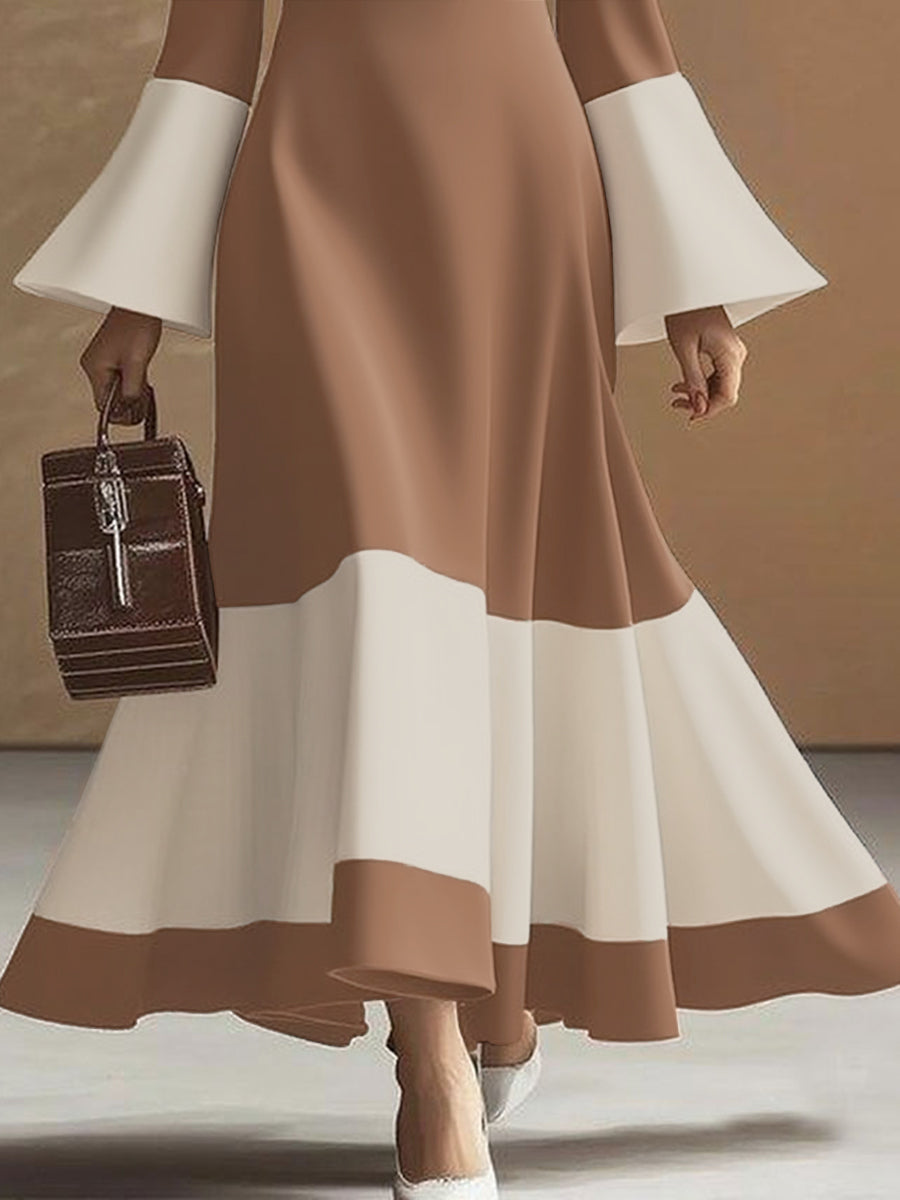 Flared Sleeves High Waisted Contrast Color Pleated Split-Joint Mock Neck Maxi Dresses