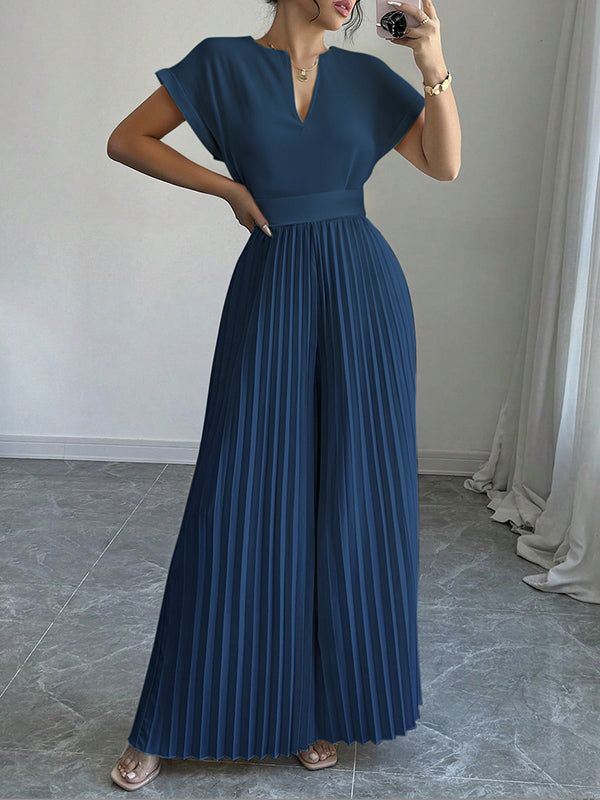 Loose Short Sleeves Pleated Solid Color Split-Joint V-Neck Jumpsuits
