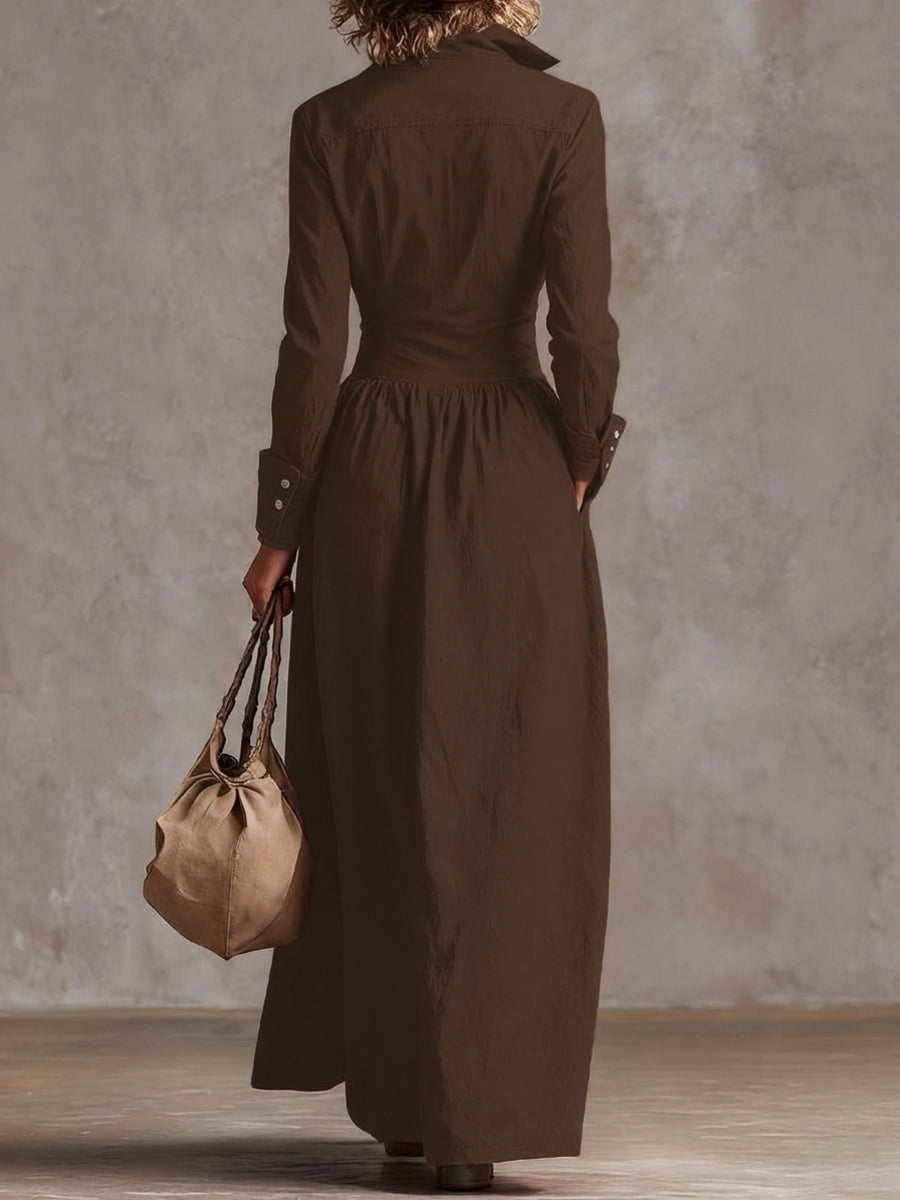 High Waisted Long Sleeves Buttoned Pleated Pockets Solid Color Split-Joint Lapel Maxi Dresses